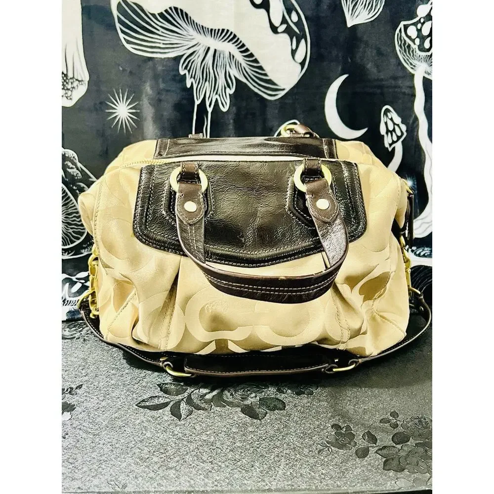 Coach Madison Audrey Op Art Khaki Brown Satchel 14294 Leather Trim Gold